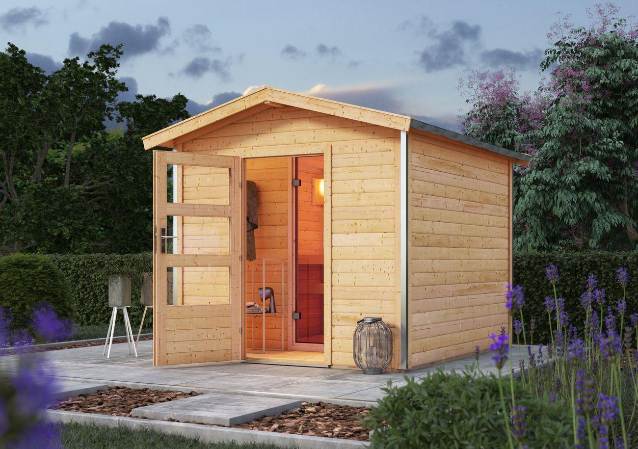 Aussenssauna Bonde mit 9 kW Ofen FIN 9 und Huum Wifi Steuerung natur