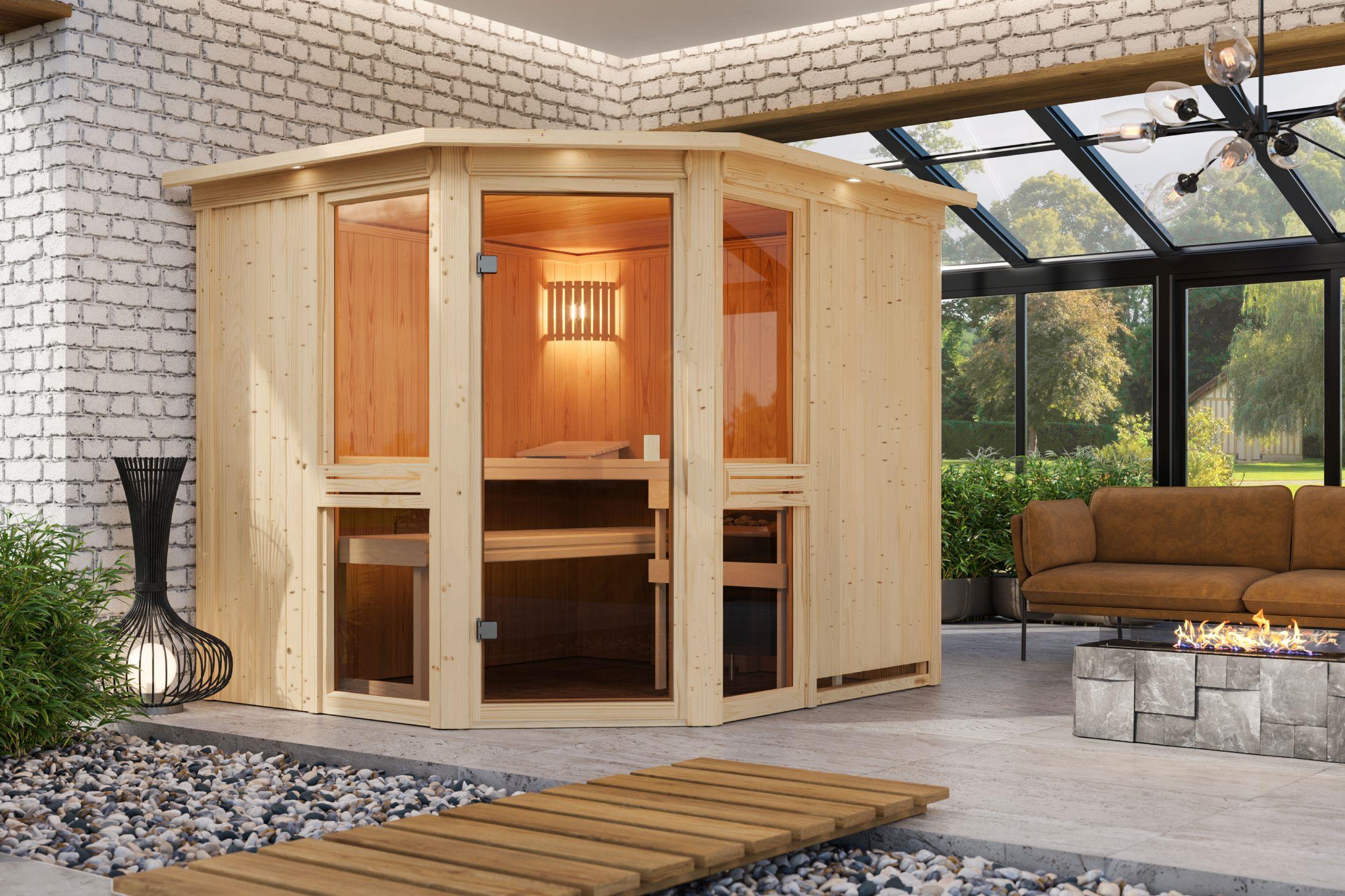 Innensauna Jamo mit 9 kW Ofen BIO 9 und Huum Wifi Steuerung natur