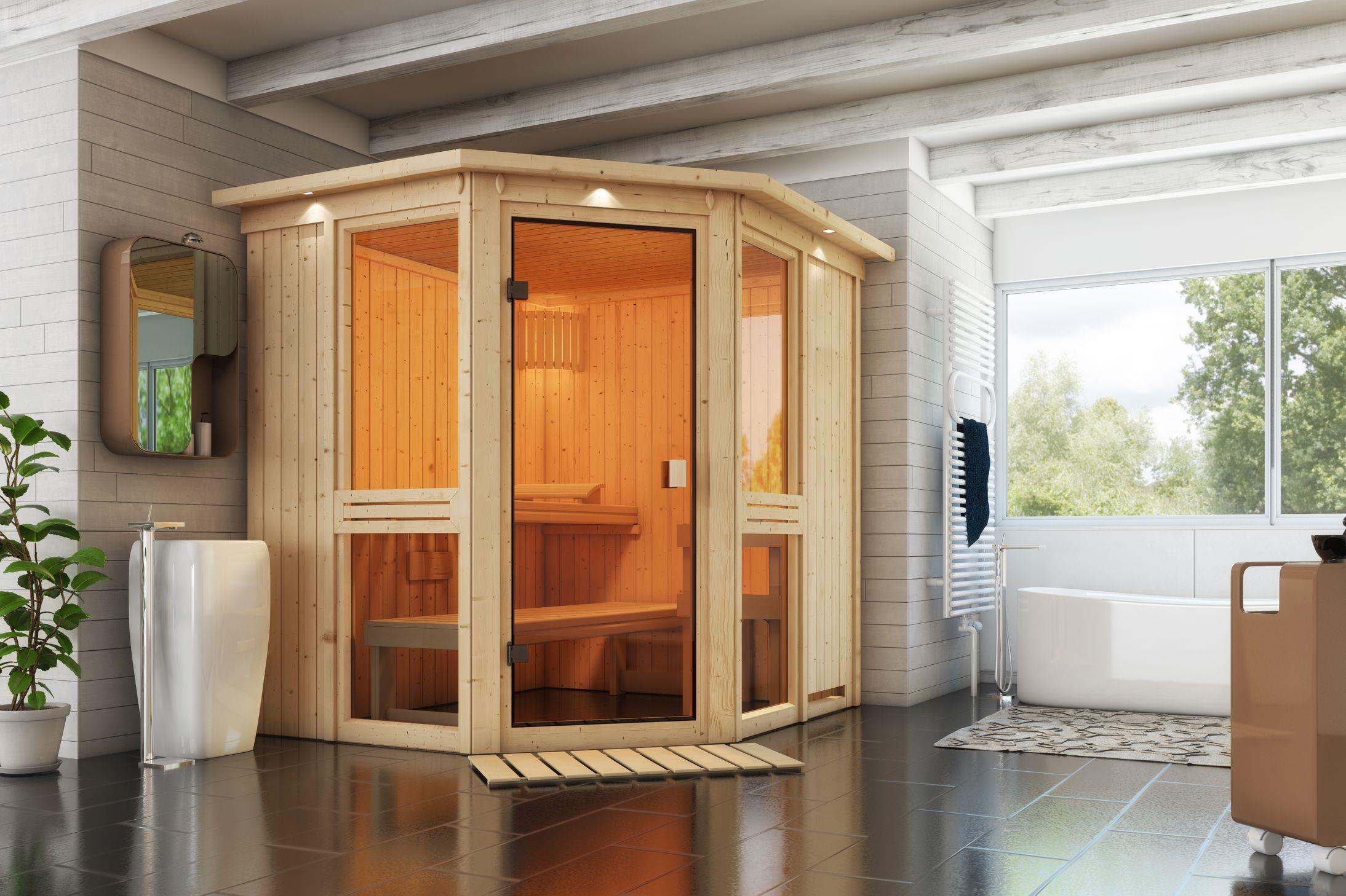 Innensauna Jari mit 9 kW Ofen FIN 9 und Huum Wifi Steuerung natur