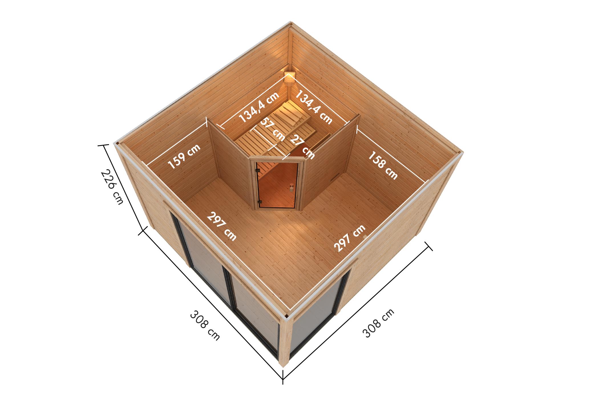 Aussenssauna Fanö mit 9 kW Ofen FIN 9 und Huum Wifi Steuerung natur