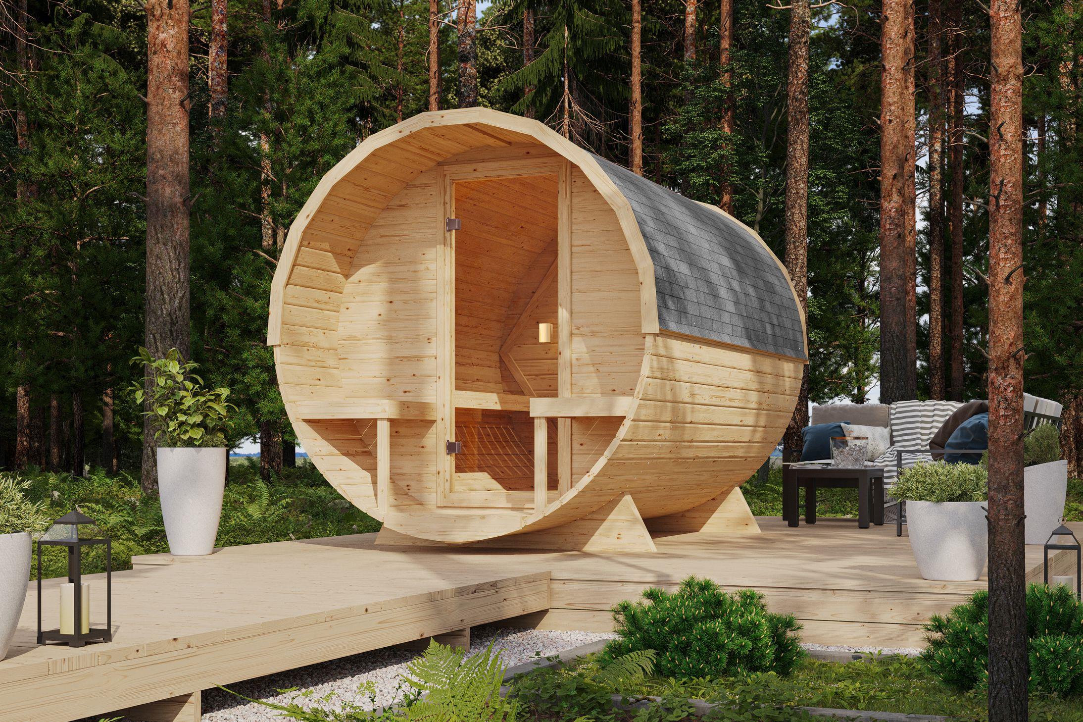 Fasssauna Tornby mit 9 kW Ofen BIO 9 und Huum Wifi Steuerung natur Dach: schwarz