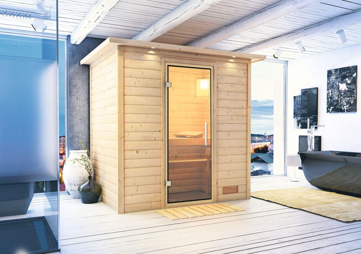 Innensauna Korven mit 9 kW Ofen FIN 9 und Huum Wifi Steuerung natur