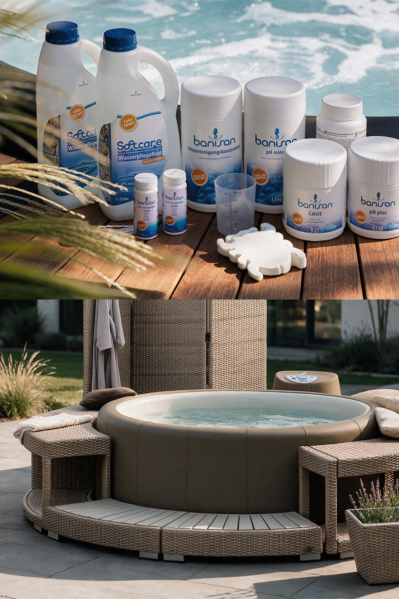 Wasserpflegeprodukte und Softub Whirlpool mit Rattanumrandung