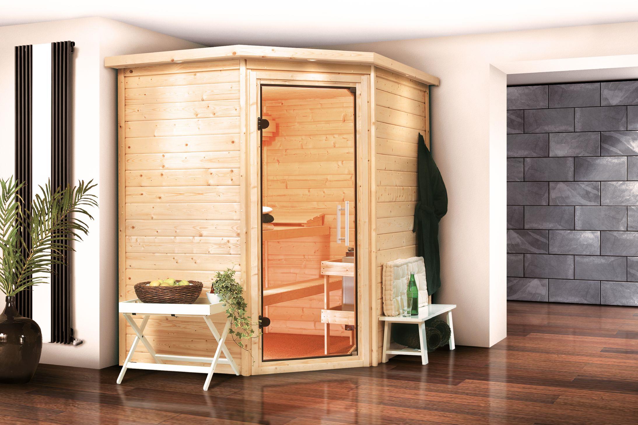 Innensauna Rommo mit 9 kW Ofen BIO 9 und Huum Wifi Steuerung natur