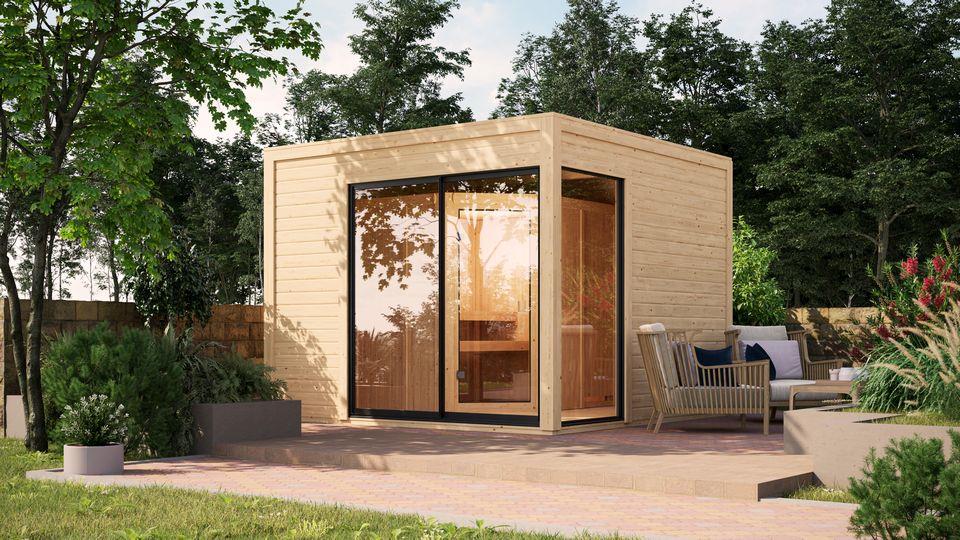 Aussenssauna Fanö mit 9 kW Ofen FIN 9 und Huum Wifi Steuerung natur