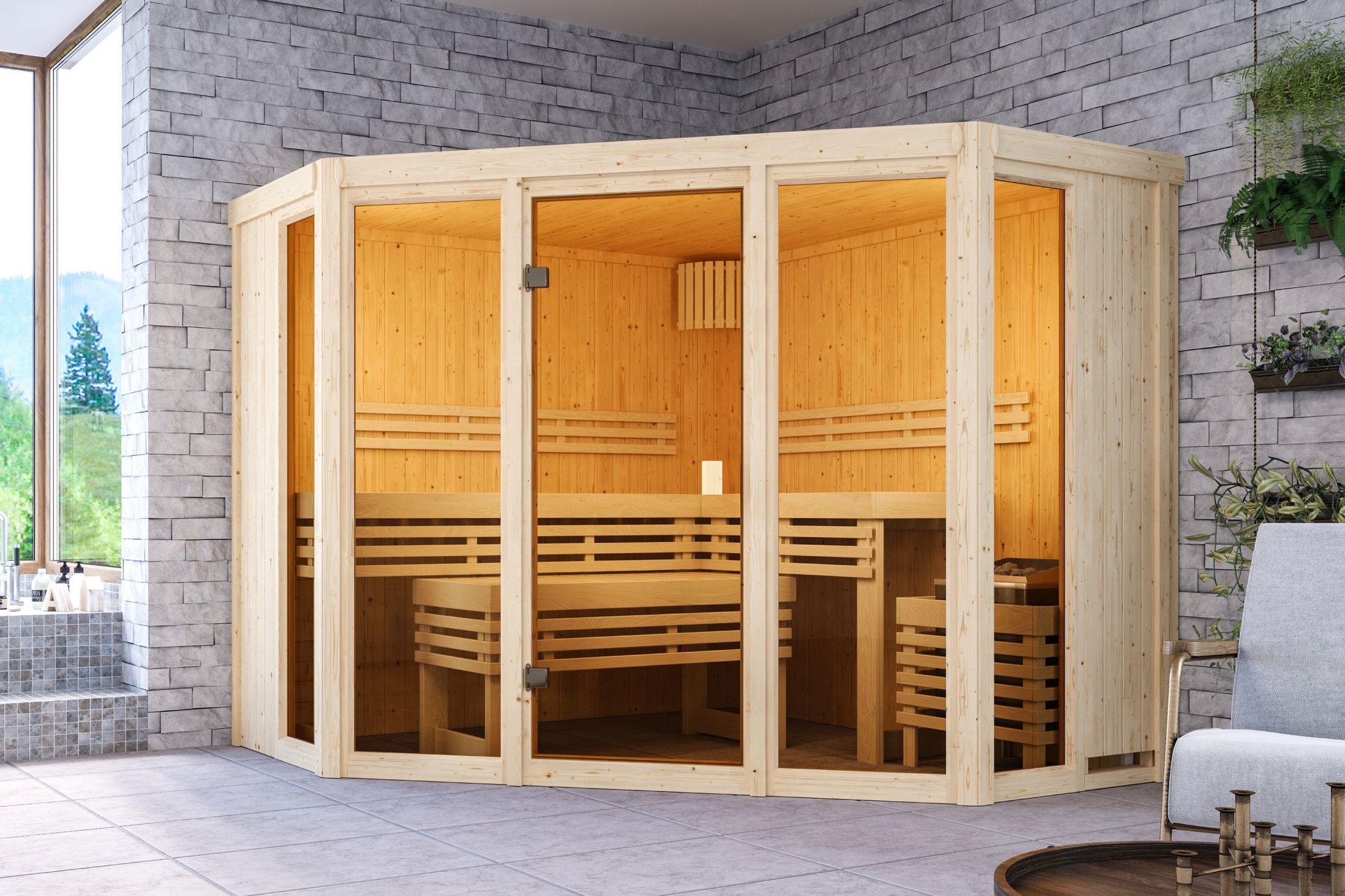 Innensauna Pasi mit 9 kW Ofen BIO 9 und Huum Wifi Steuerung natur