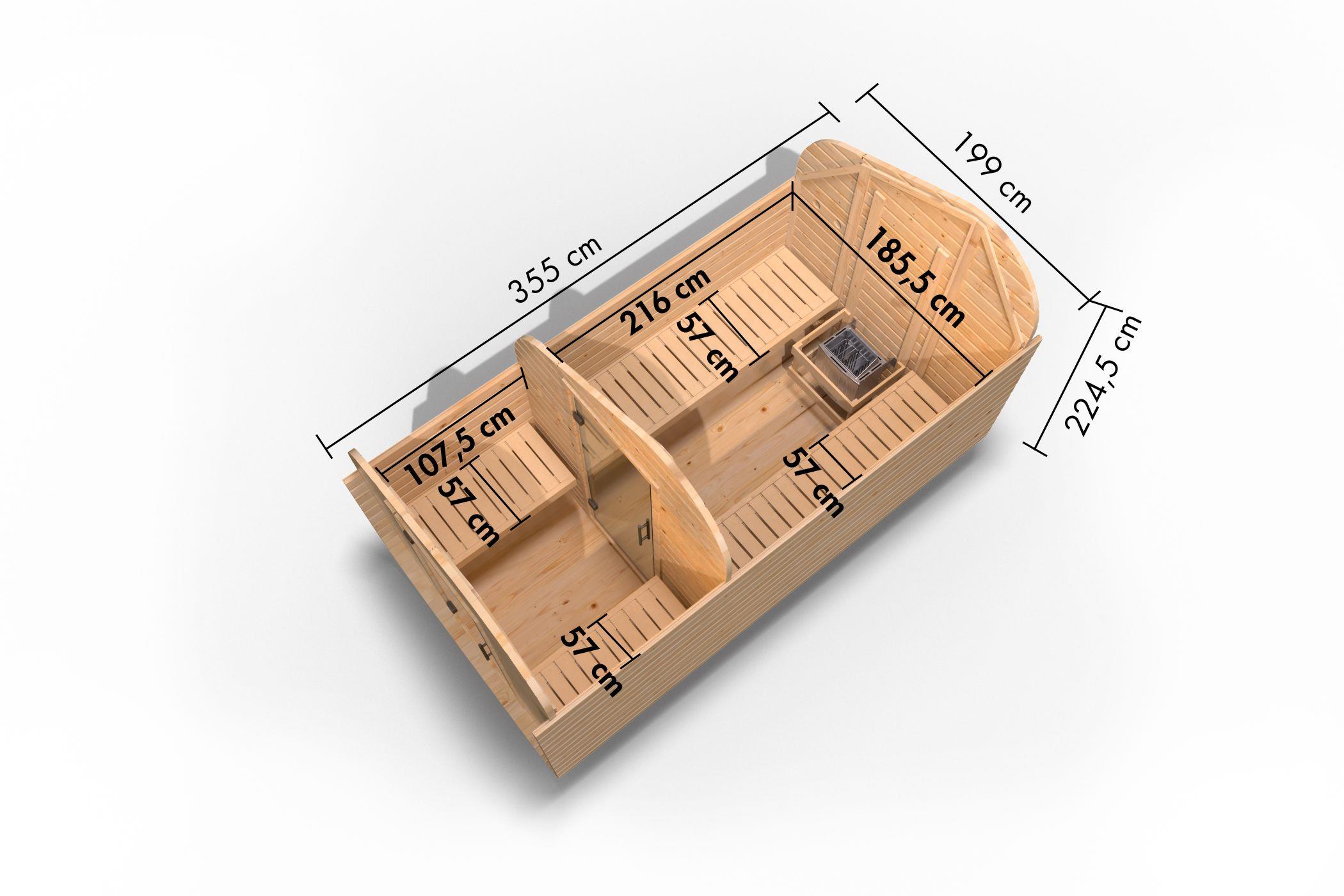 Aussenssauna Bugge mit 9 kW Ofen FIN 9 und Huum Wifi Steuerung natur