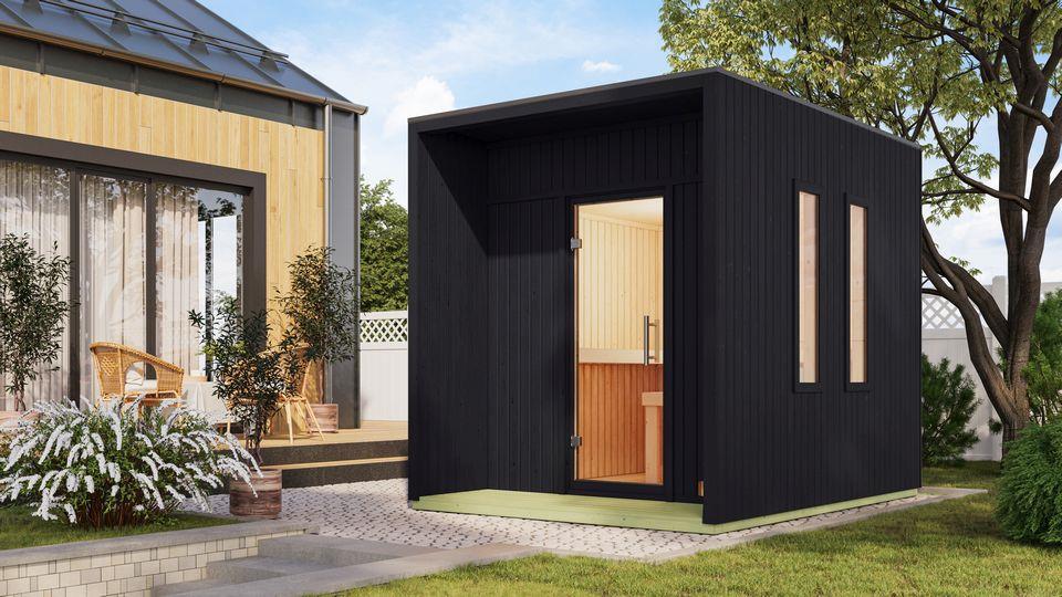 Aussenssauna Barne mit 9 kW Ofen BIO 9 und Huum Wifi Steuerung schwarz