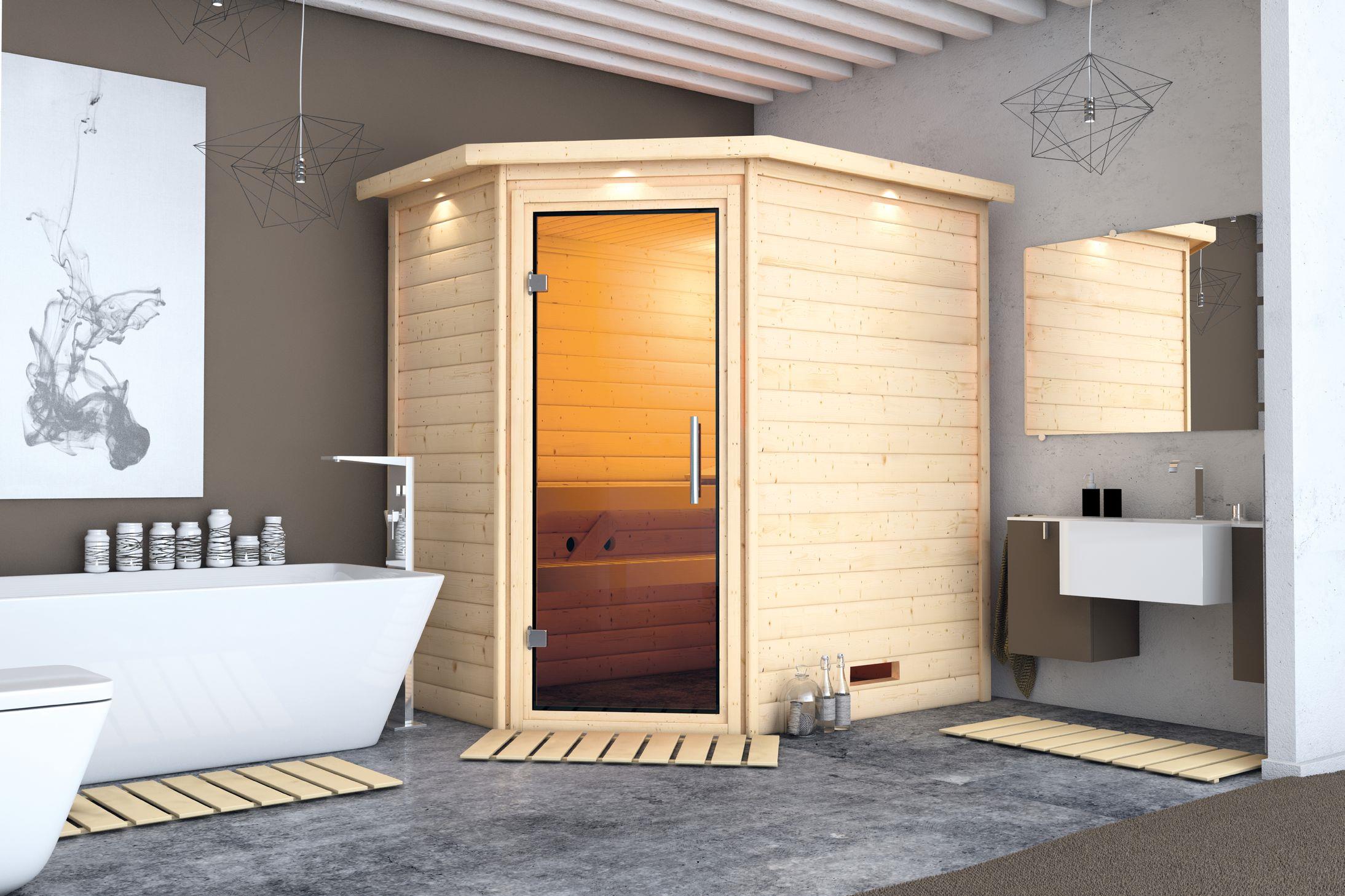 Innensauna Henk mit 9 kW Ofen BIO 9 und Huum Wifi Steuerung natur