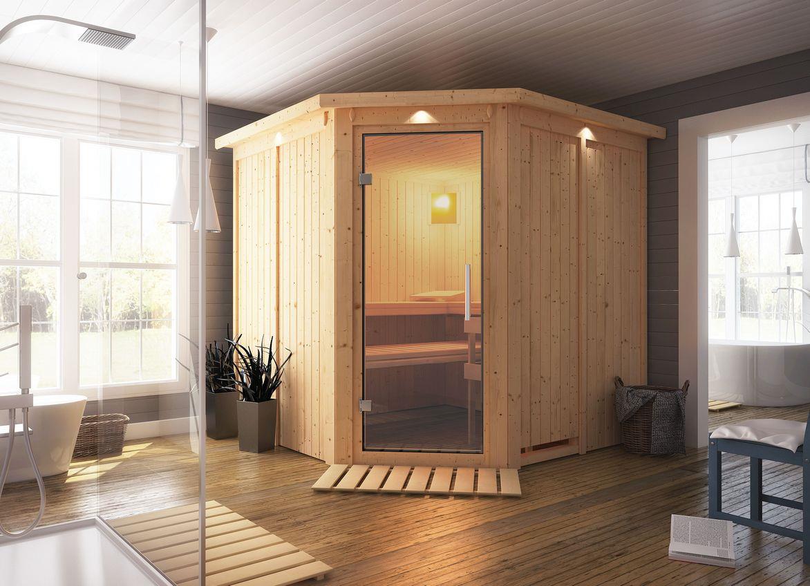 Innensauna Alvar mit 9 kW Ofen FIN 9 und Huum Wifi Steuerung natur