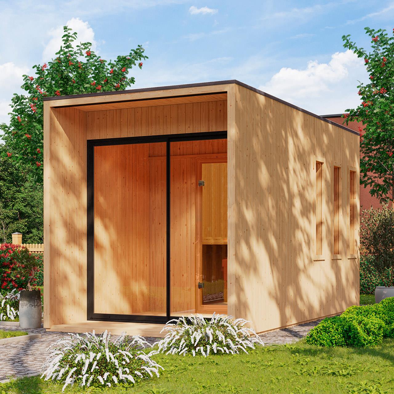 Aussenssauna Skagen mit 9 kW Ofen BIO 9 und Huum Wifi Steuerung natur