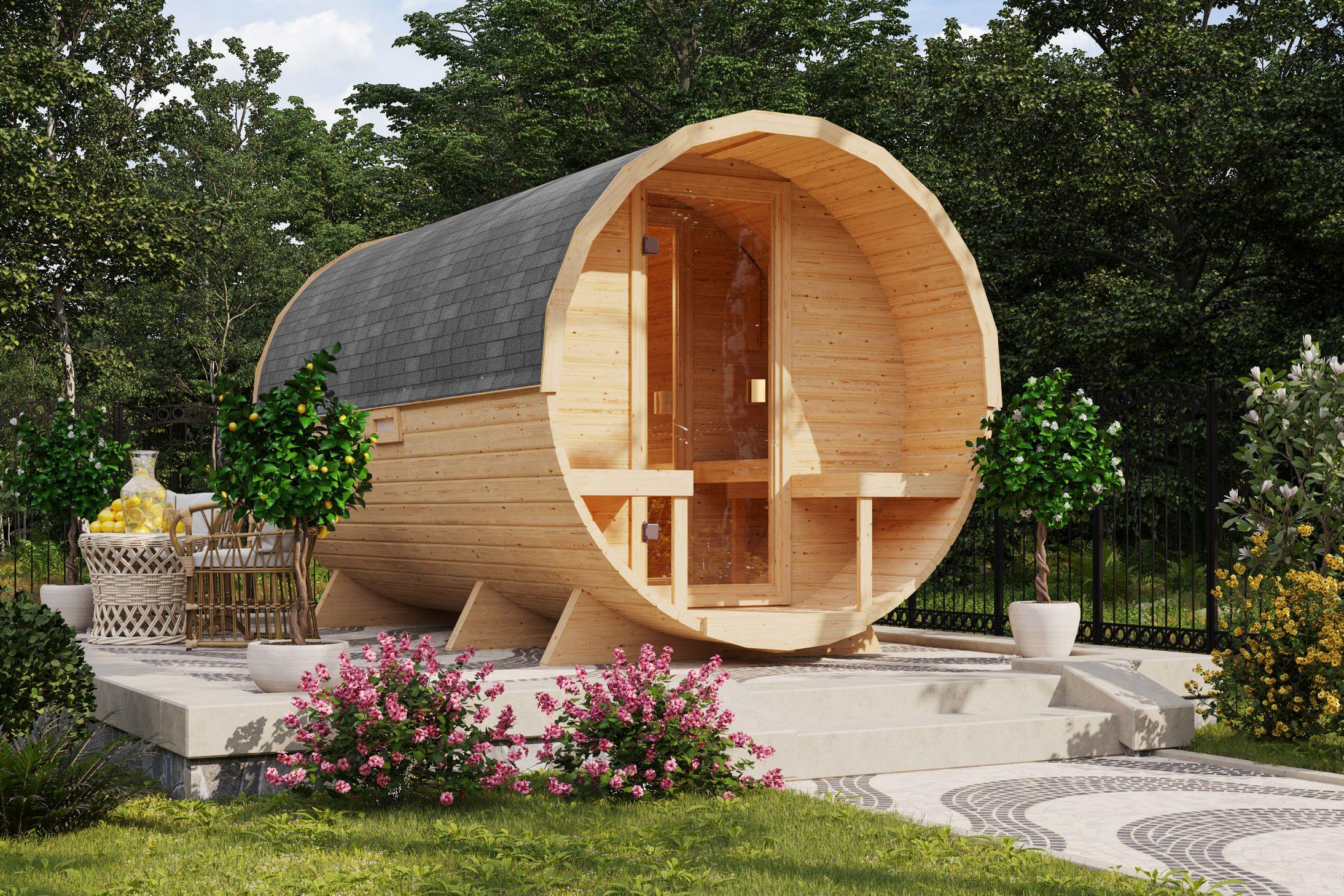 Fasssauna Tornby XL mit 9 kW Ofen FIN 9 und Huum Wifi Steuerung natur Dach: schwarz