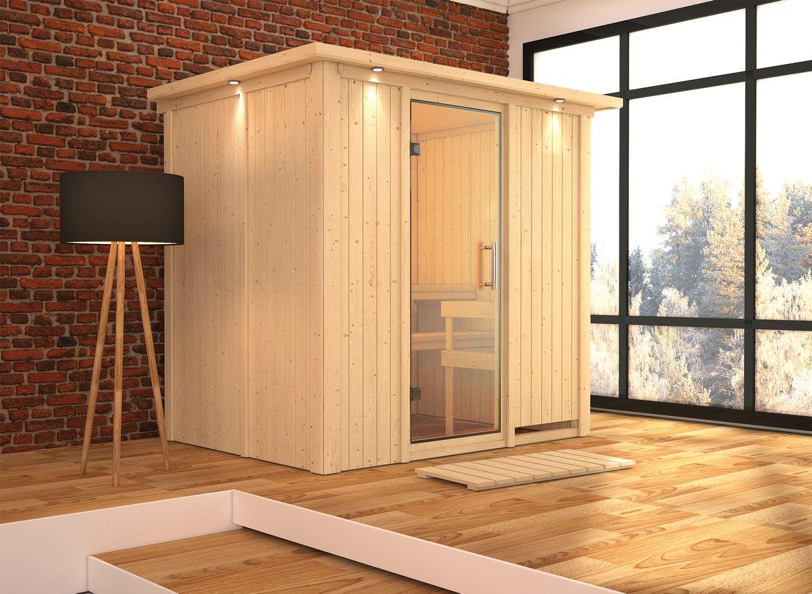 Innensauna Lona mit 9 kW Ofen BIO 9 und Huum Wifi Steuerung natur