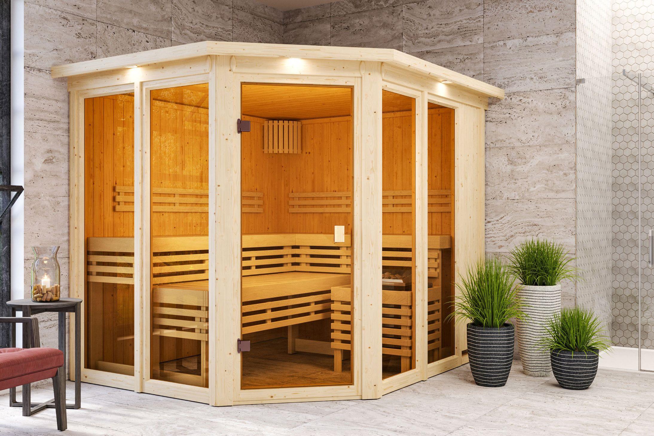 Innensauna Sande mit 9 kW Ofen FIN 9 und Huum Wifi Steuerung natur