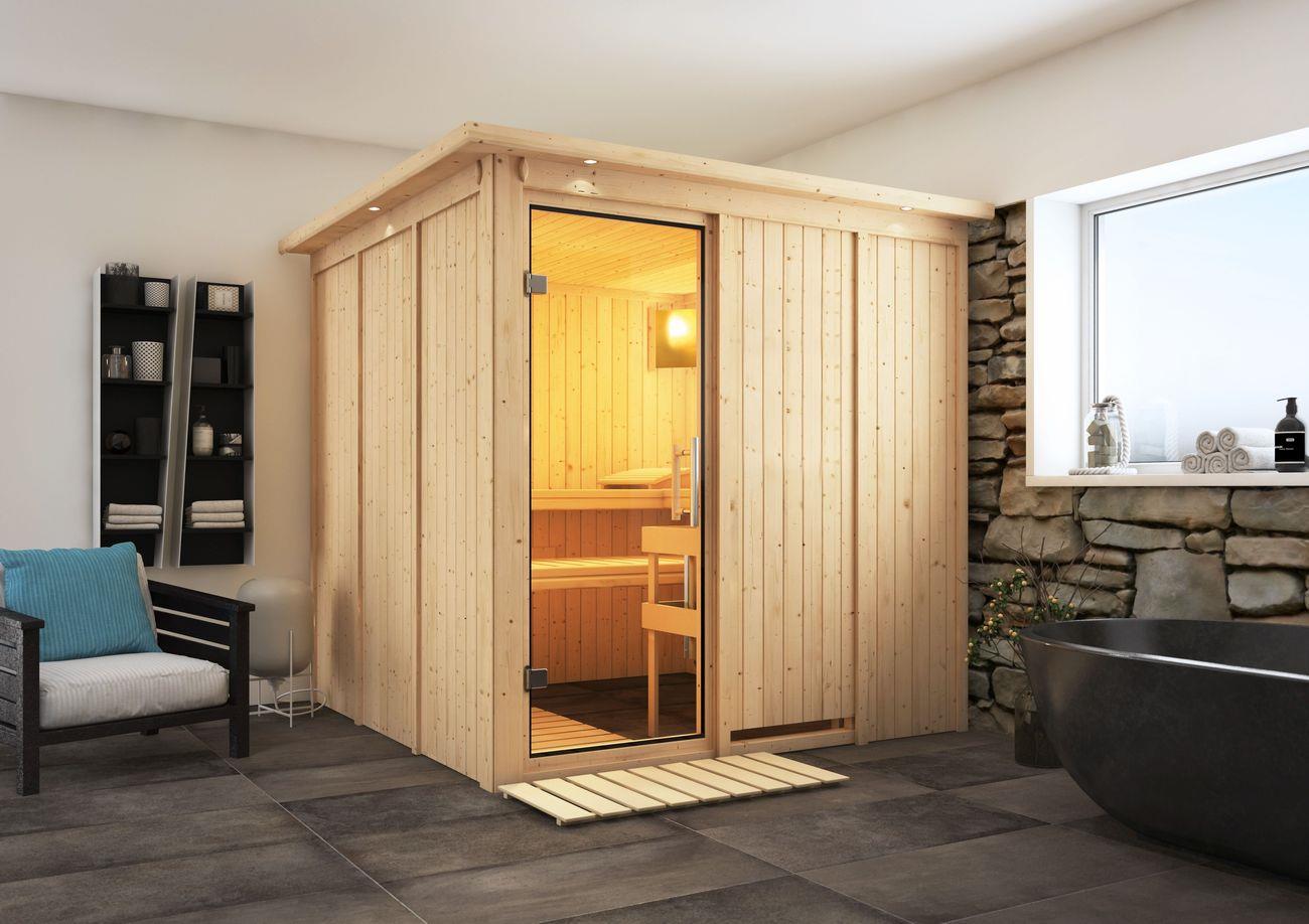 Innensauna Caro mit 9 kW Ofen FIN 9 und Huum Wifi Steuerung natur