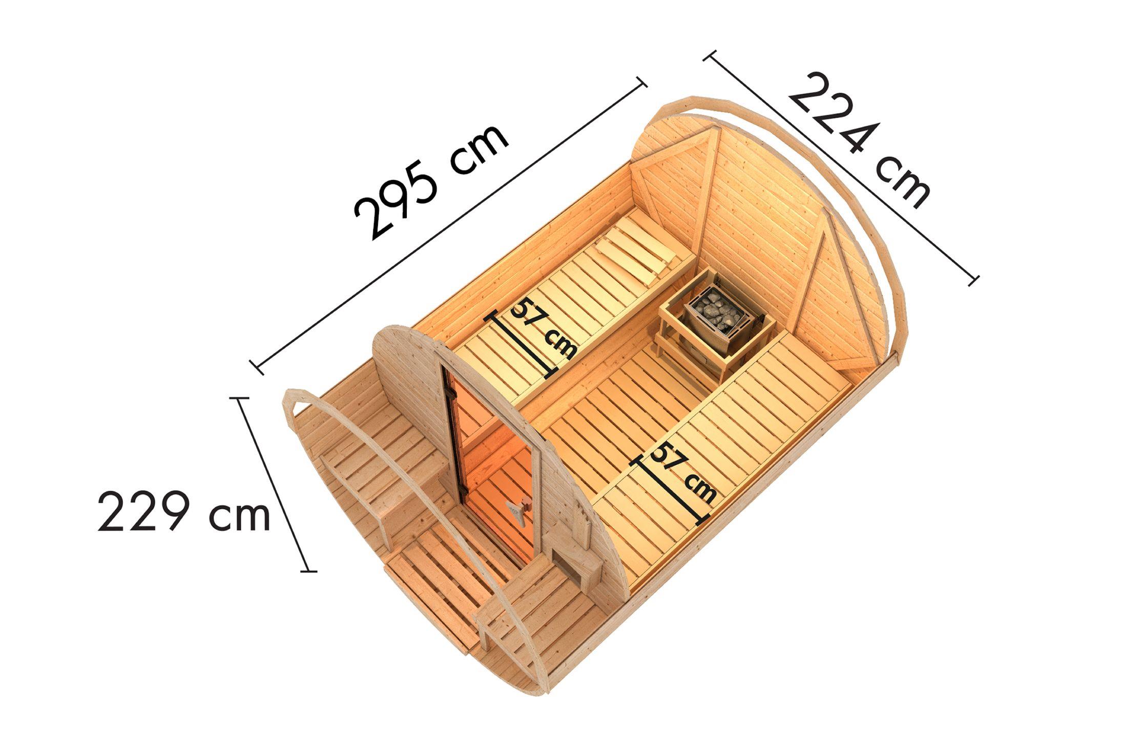 Fasssauna Tornby mit 9 kW Ofen FIN 9 und Huum Wifi Steuerung natur Dach: schwarz