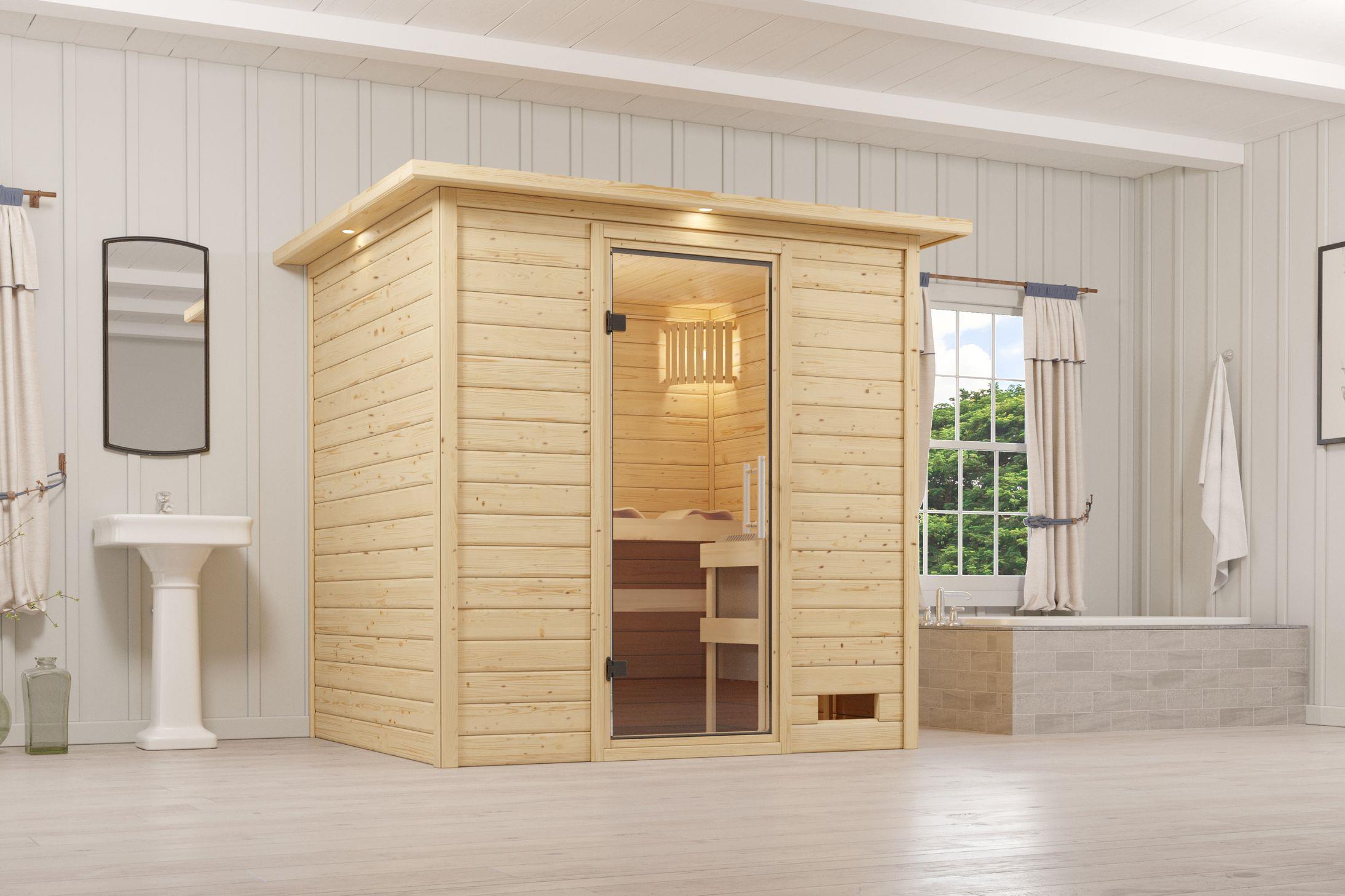 Innensauna Pekka mit 9 kW Ofen BIO 9 und Huum Wifi Steuerung natur